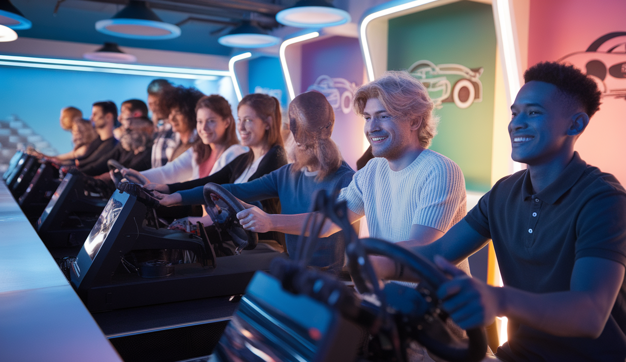 Un groupe diversifié de personnes s'initiant au SimRacing sur des simulateurs modernes
