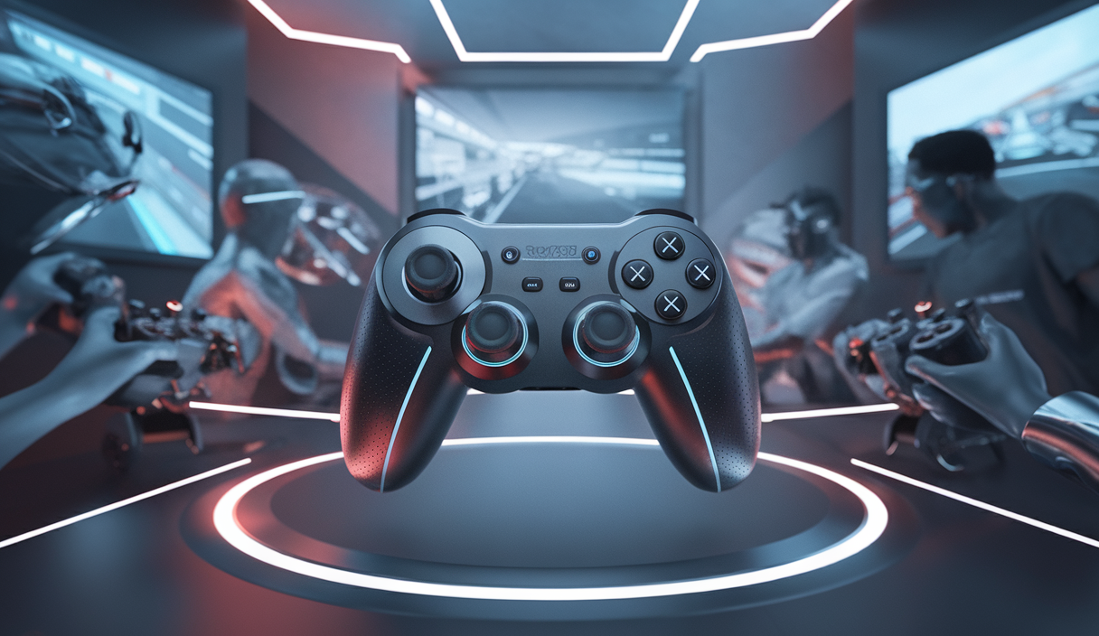 Contrôleur SimRacing FarmStick X avec ambiance technologique et immersive