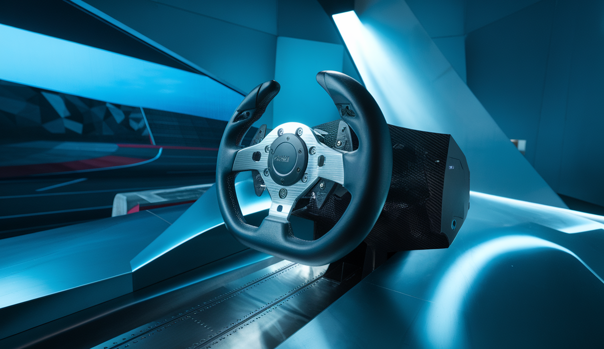Illustration dynamique du Simagic Alpha EVO en action dans un environnement futuriste de SimRacing.