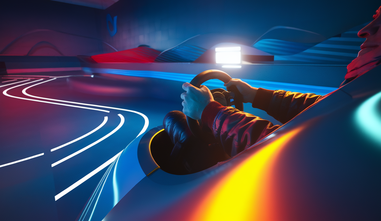 Un pilote virtuel naviguant sur un circuit de SimRacing avec intensité et précision.