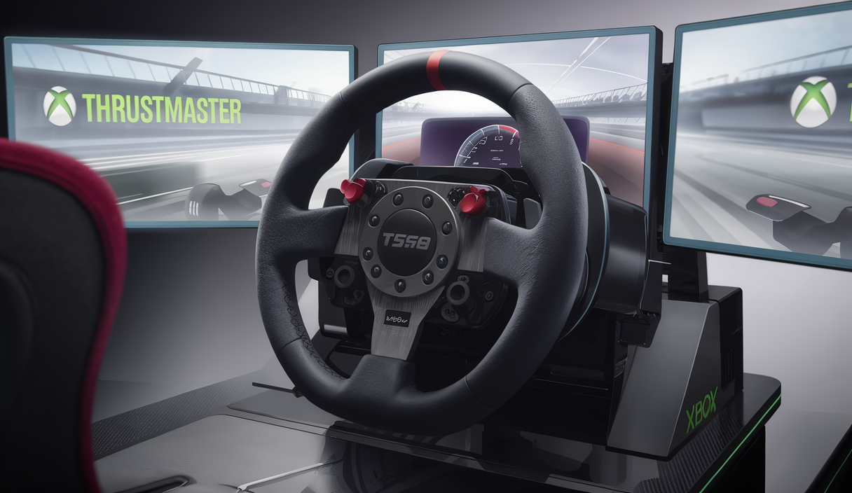 Cockpit de simracing équipé du volant Thrustmaster T598 compatible Xbox, proposant immersion et réalisme
