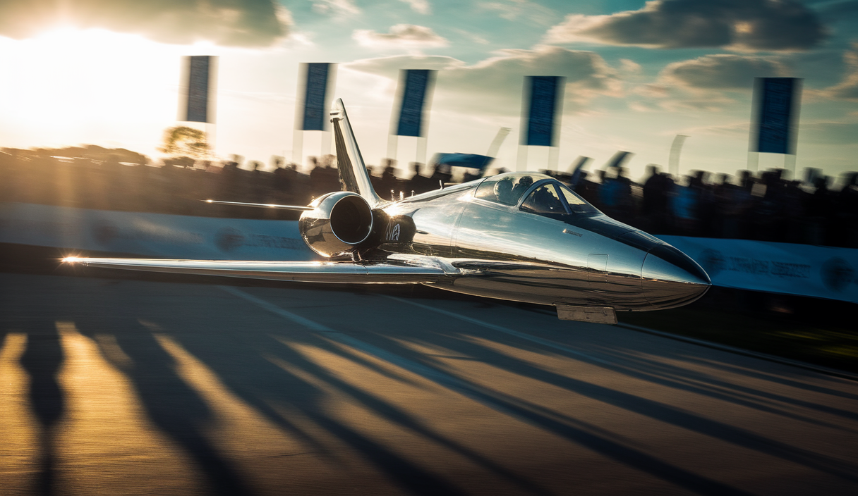 Un Alpha Jet stylisé en plein vol dans un univers vibrant, symbolisant la communauté de SimRacing.