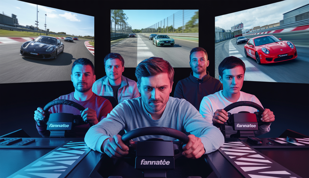 Image immersive d'une communauté simracing partageant leurs expériences de jeux de simulation automobile