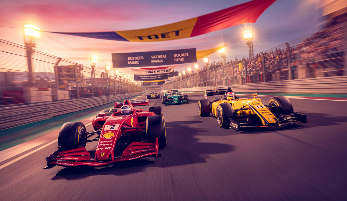Illustration dynamique de voitures de Formule 1 en pleine course reflétant les controverses autour des drapeaux de course.