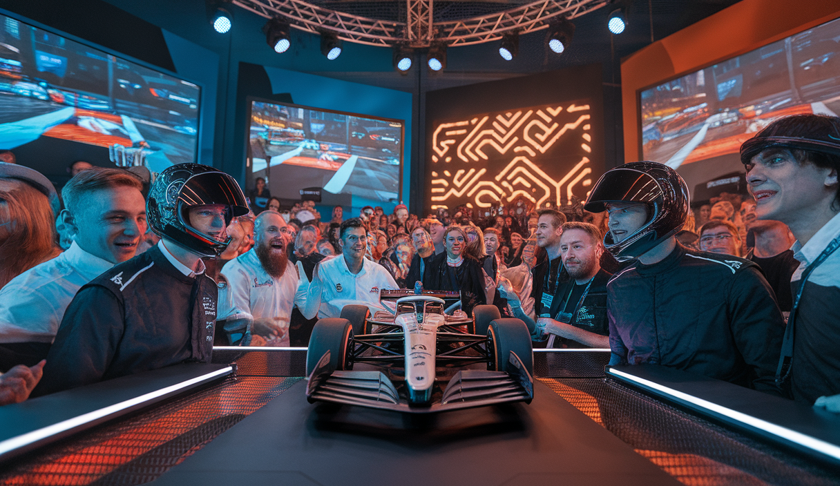 Image captivante d'une course de sim racing avec des fans engagés.