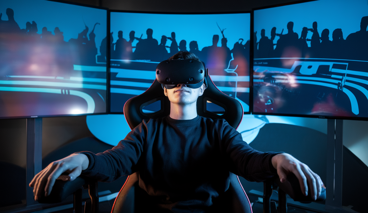 Scène immersive de sim racing avec des éléments de stratégie de contenu innovants.