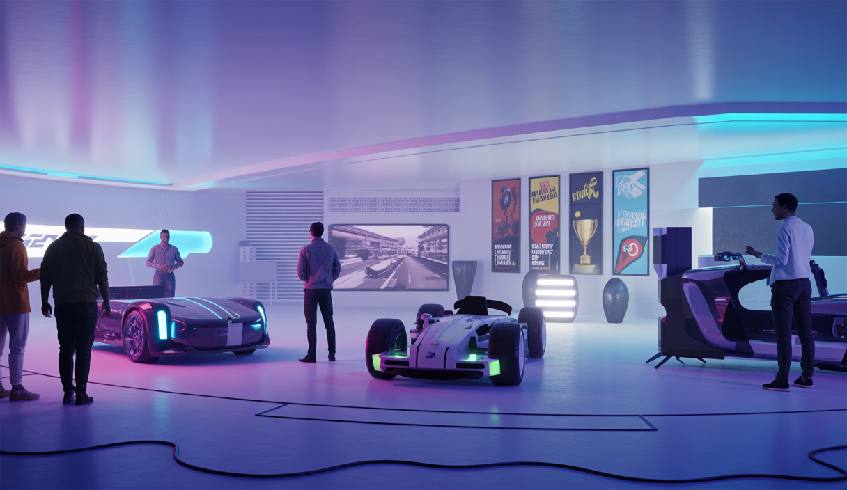 Image de l'espace communautaire de SimTrack en 2025, axé sur le sim racing, avec des passionnés interagissant.