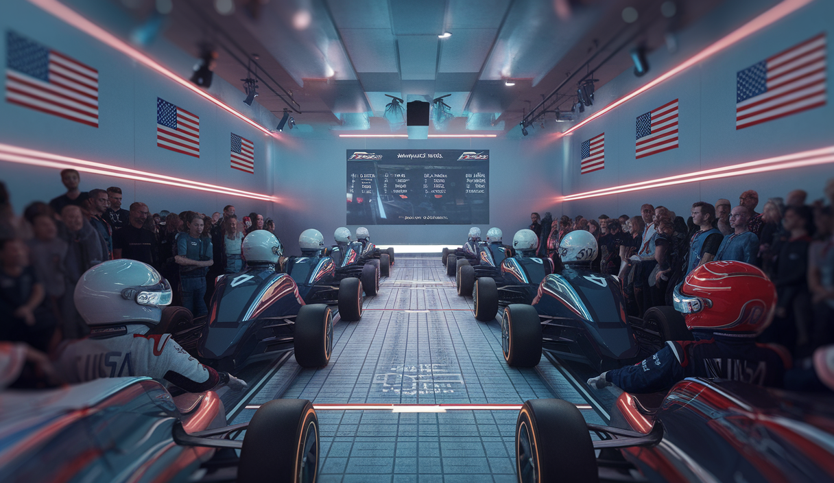 Scène dynamique illustrant l'impact des événements de SimRacing sur l'engagement communautaire