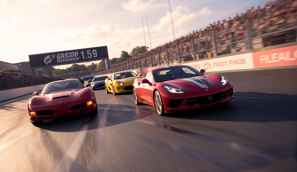 Illustration vibrante de la mise à jour de Gran Turismo 7 avec Corvette et Ferrari.