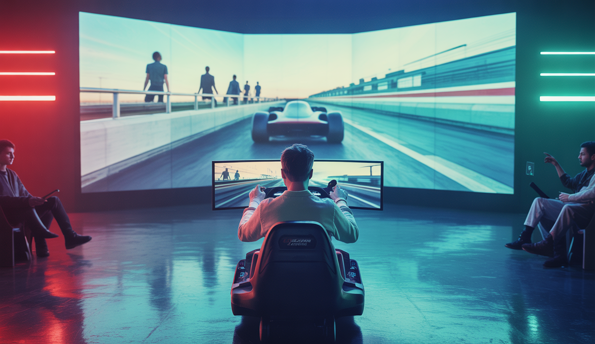 Une scène dynamique et immersive du Moza Club Formula 2025, représentant la compétition de sim racing en plein essor avec des participants concentrés et une ambiance futuriste.