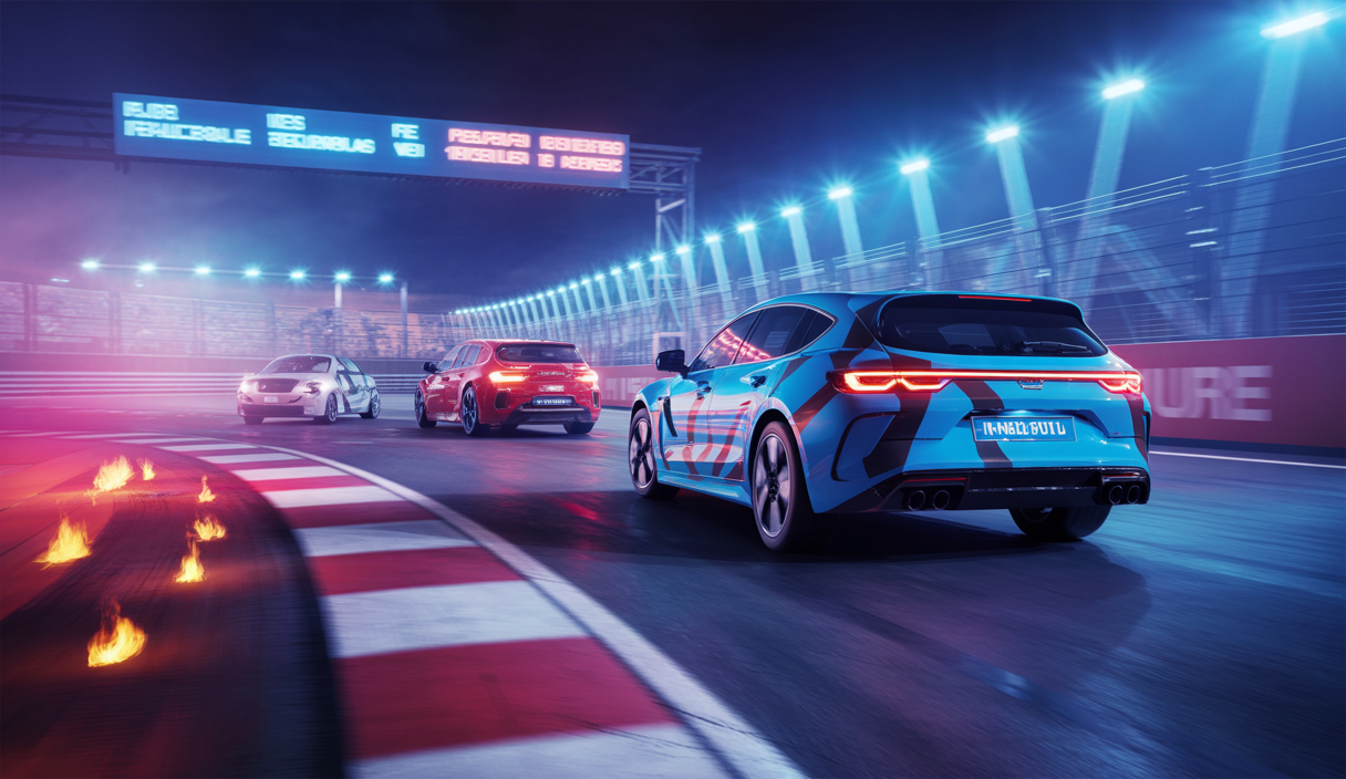Course automobile virtuelle intense sur circuit de nuit