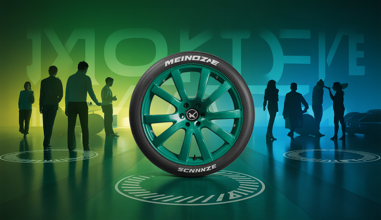 Image d'une roue de sim racing Essenza SCV12 par Moza Racing avec un arrière-plan d'expositions internationales.