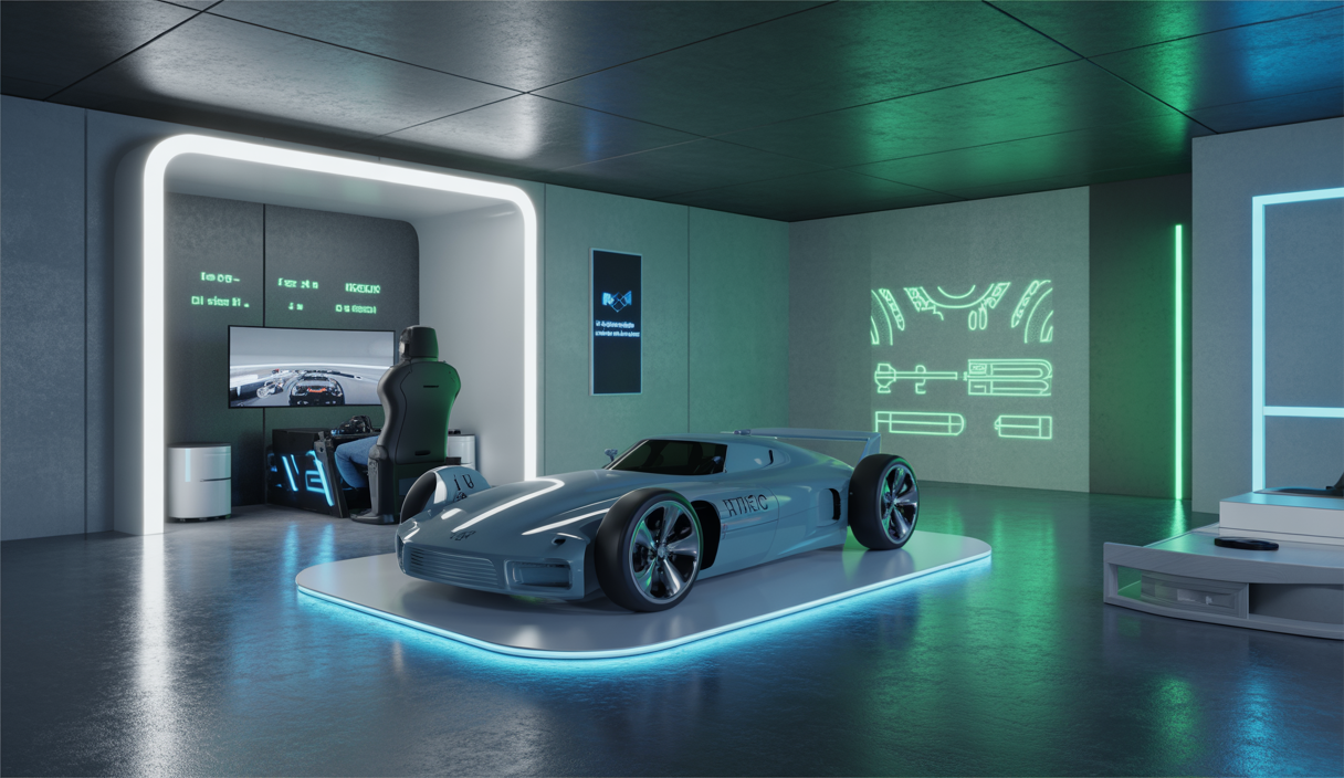Illustration futuriste du sim racing en 2025 avec un volant direct drive.