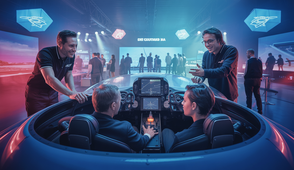 Image représentant Thrustmaster et la communauté sim racing à l'événement CON 42, avec des interactions et des configurations de cockpit partagées.