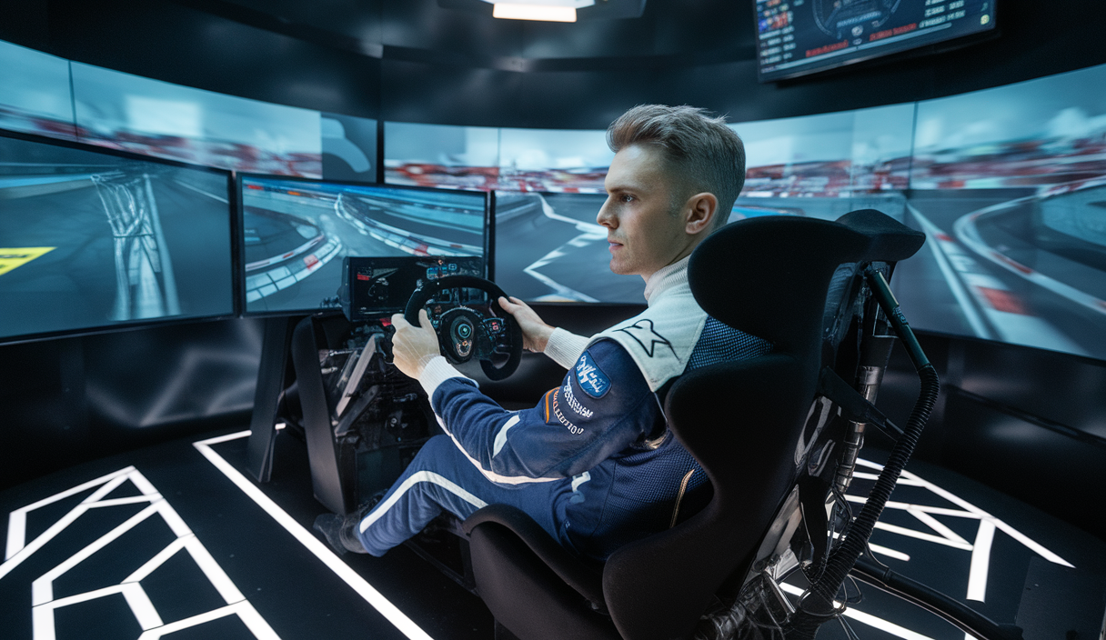 Pilote de SimRacing en pleine compétition dans un environnement numérique immersif