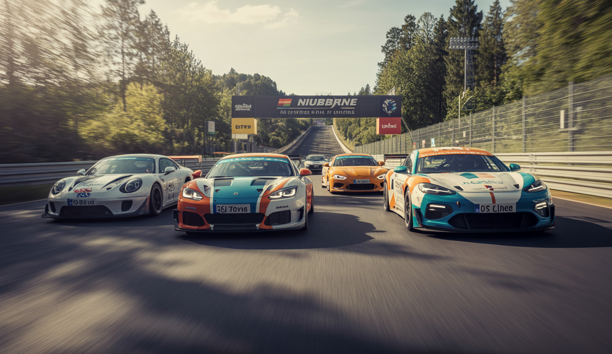 Voitures de simracing en pleine course d'endurance caritative sur le circuit du Nürburgring, avec une atmosphère de solidarité et d'engagement communautaire