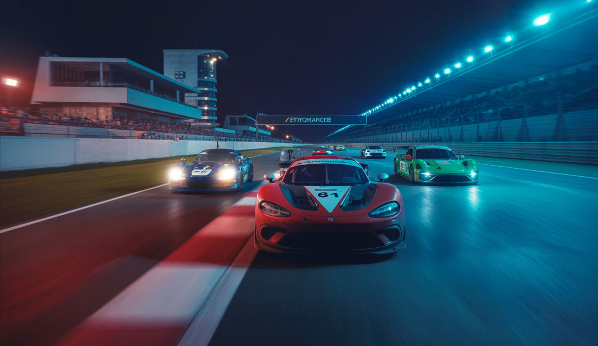Une simulation automobile immersive d'endurance, montrant une scène réaliste de course avec des voitures hypercar et GT sur un circuit emblématique