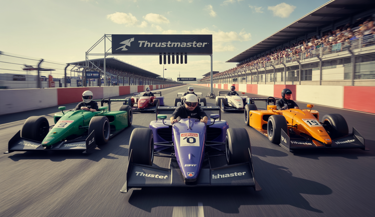 Expérience immersive Thrustmaster de simulation de course sur le circuit des 24 Heures du Mans 2025 avec des pilotes virtuels utilisant des volants et pédaliers haute technologie