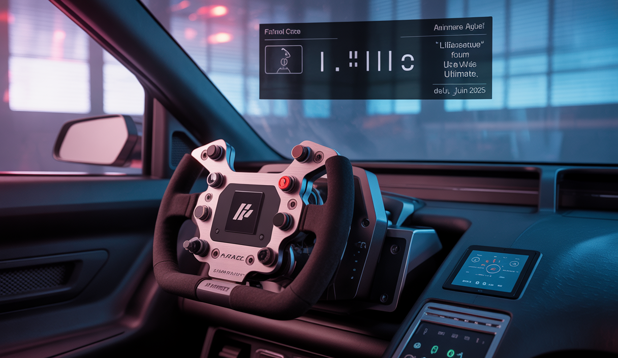 Vue détaillée du système Quick Release sans fil Fanatec Active QR2 installé sur un volant de simracing avec l'interface utilisateur de la mise à jour logicielle LMU de juin 2025 affichée en arrière-plan