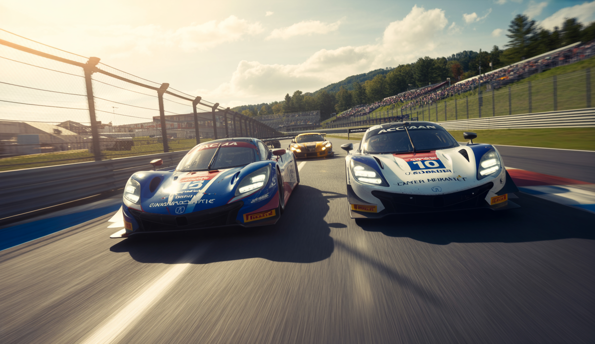 Simulation virtuelle de la course iRacing IMSA à Watkins Glen avec des voitures de sport prototypes et GT en pleine action sur le circuit, symbolisant la croissance rapide des e-sports automobiles et l’engagement intense des simracers.