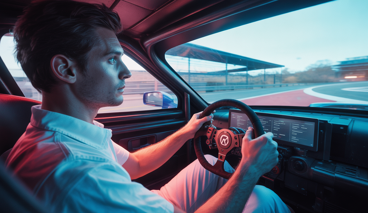 Illustration immersive d'un pilote de sim racing avec un volant haute précision MOZA Racing.
