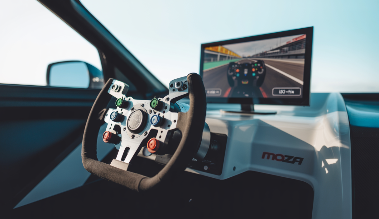 Volant de simulation automobile MOZA Racing avec retour de force 360Hz sur un cockpit de course moderne, affichant une interface logicielle de réglage sur écran d'ordinateur