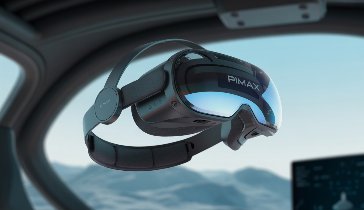 Casque de réalité virtuelle Pimax Crystal Super posé sur un support, affichant un design moderne avec larges lentilles asphériques en verre, charnières ajustables et éclairage subtil, dans un environnement de simracing immersif avec fond flou en cockpit de course