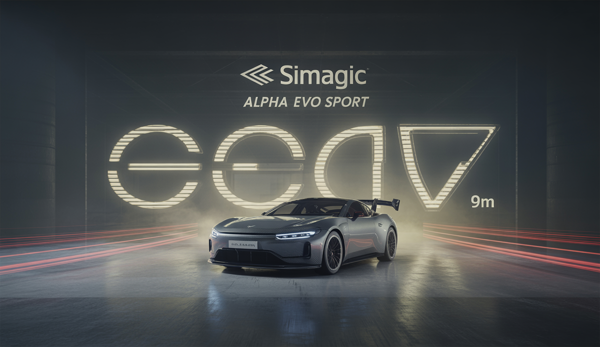 Vue détaillée de la base de simulation Simagic Alpha EVO Sport, mise en scène de manière saisissante