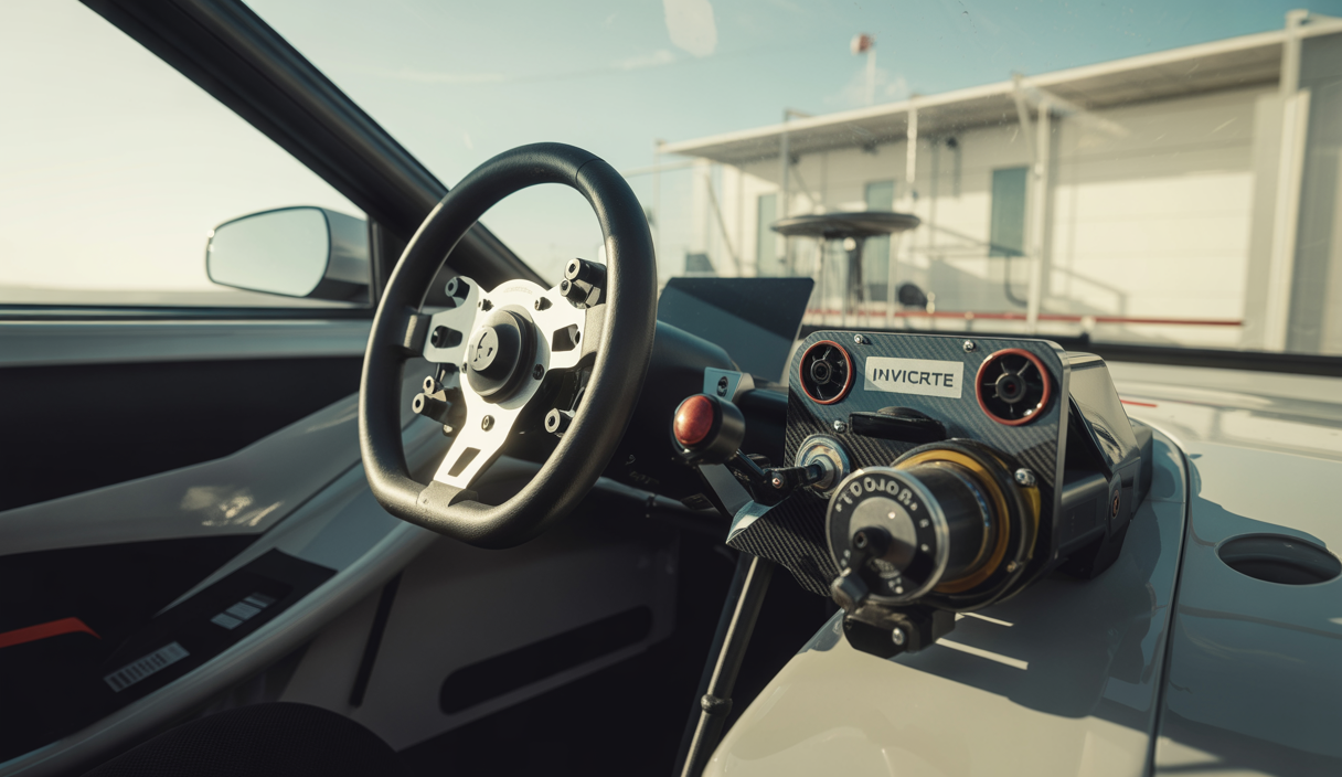 Vue rapprochée d'un simulateur de course équipé de matériels Asetek SimSports performants et accessibles, incluant un volant à retour de force, des pédales hydrauliques et un cockpit moderne, avec un fond flou de salle de simulation lumineuse