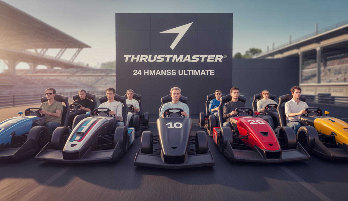 Stand Thrustmaster au Mans avec simulateurs de course virtuelle et volant T818, ambiance immersive