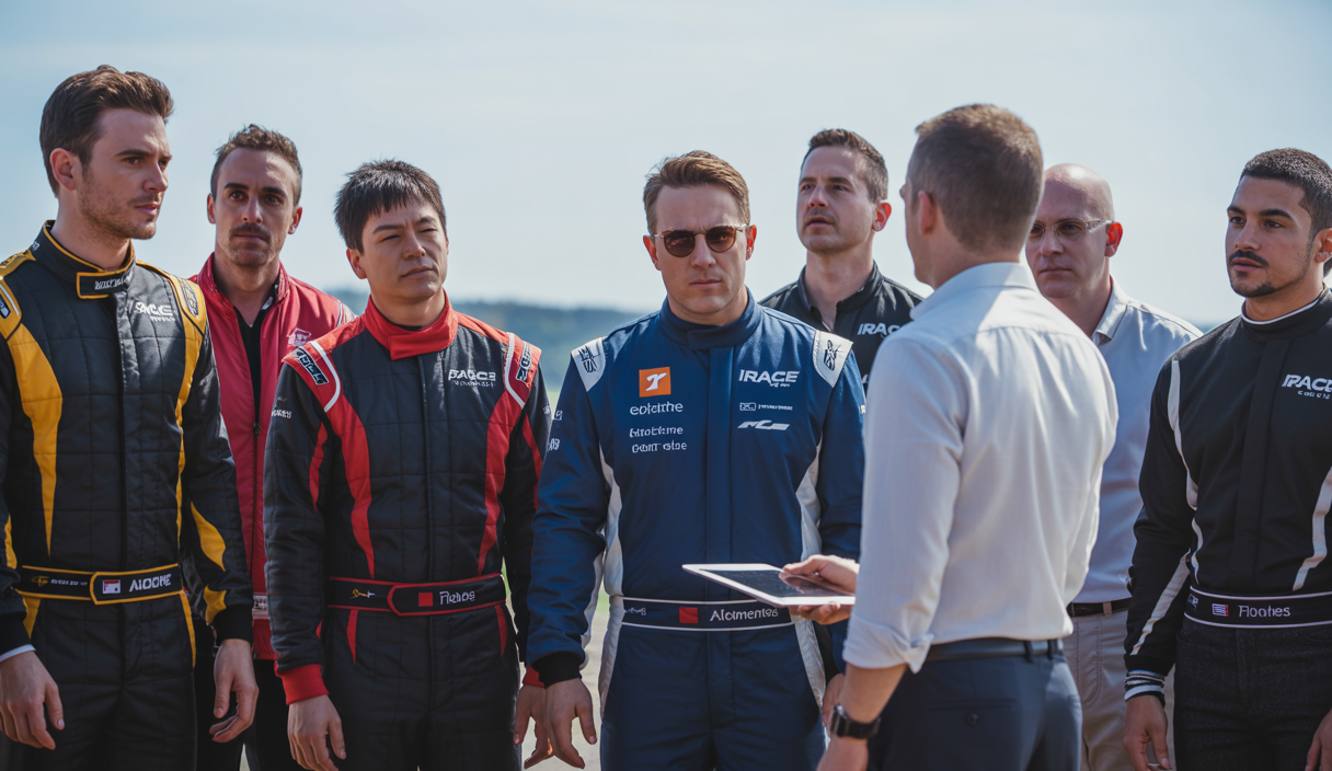 Image d'une controverse lors de la course virtuelle 24 Heures de Spa sur iRacing, mettant en scène des pilotes en train de discuter avec des stewards, des écrans montrant des répliques de crashs, un décor de podium avec bannières iRacing aux couleurs officielles (bleu marine et orange), tout cela dans l'ambiance électrique d'une compétition eSport automobile, symbolisant les défis de gestion des compétitions en ligne.