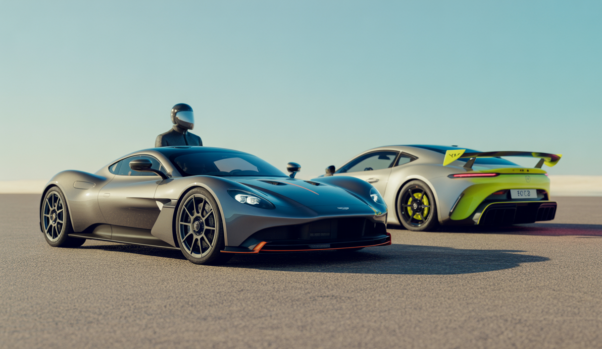 Capture d'écran immersive du jeu Le Mans Ultimate 1.0, mettant en avant une Aston Martin Valkyrie AMR Pro et une Mercedes-AMG LMGT3 Evo en pleine course, sur fond de circuit mythique, avec des effets de lumière cinématographiques et une aura de compétition intense