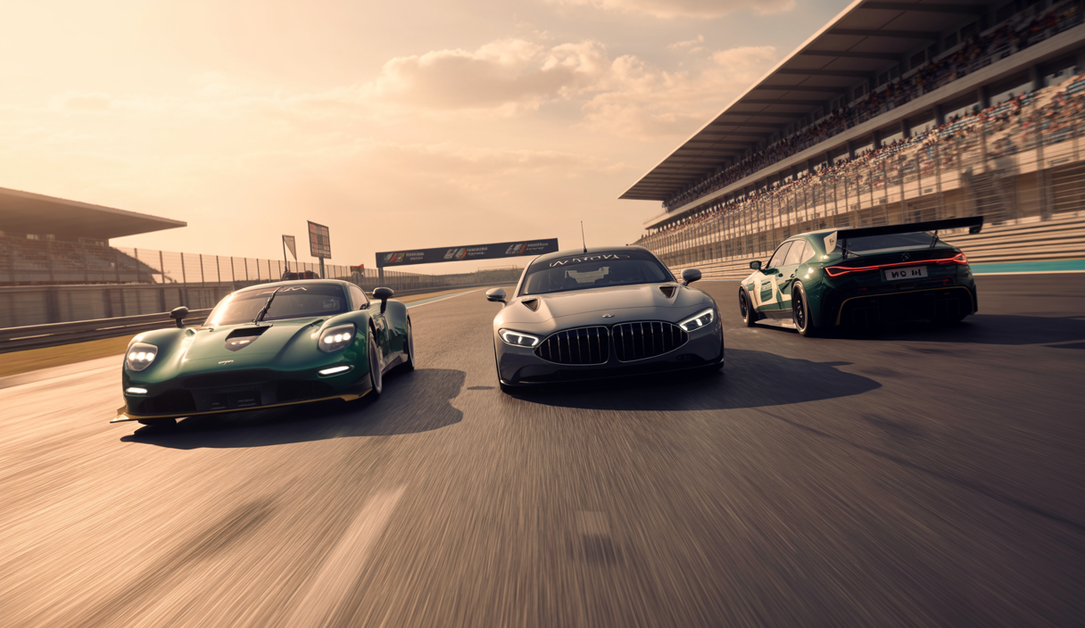 Vue hyper réaliste d'une course de voitures hypercars et LMGT3 sur un circuit du WEC, mettant en scène l'Aston Martin Valkyrie AMR LMH avec son moteur V12 rugissant, la Mercedes AMG LMGT3 et la BMW M4 LMGT3 Evo, sous une lumière contrastée et une atmosphère immersive fidèle à la simulation Le Mans Ultimate V1.0