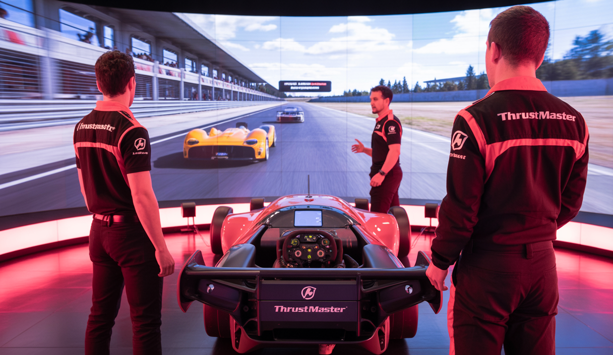 Stand interactif Thrustmaster au Mans 2025 avec simulateurs de course haute technologie et ambassadeurs, offrant une expérience immersive mêlant sim racing et sport automobile réel