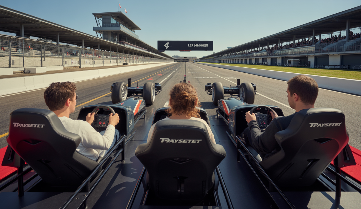 Simulator de course Thrustmaster au Mans avec pilotes en cockpits Playseat équipés de volants et pédaliers haute technologie, ambiance immersive et passionnée du simracing durant un événement majeur du sport automobile.