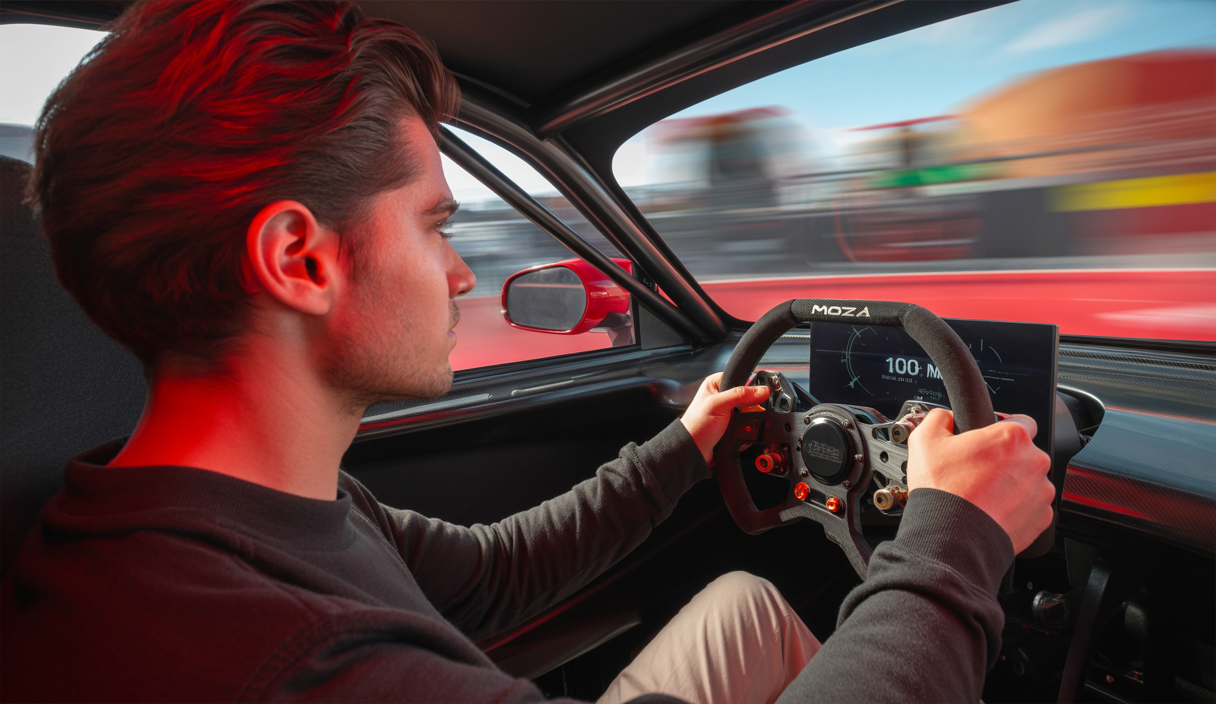 Volant de simulation MOZA Racing avec système de retour de force 360Hz en action, montrant un pilote virtuel en immersion dans une course automobile virtuelle détaillée