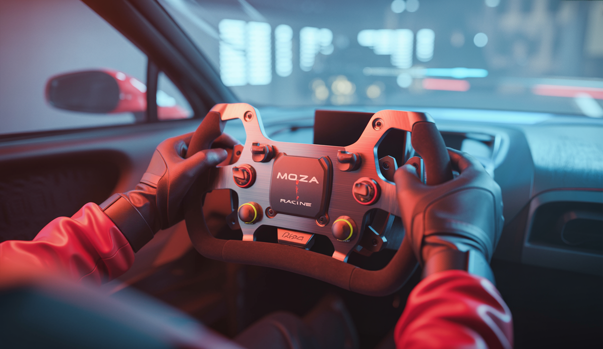 Volant de simracing MOZA Racing affichant une technologie de retour de force 360Hz avec ambiance immersive en course virtuelle