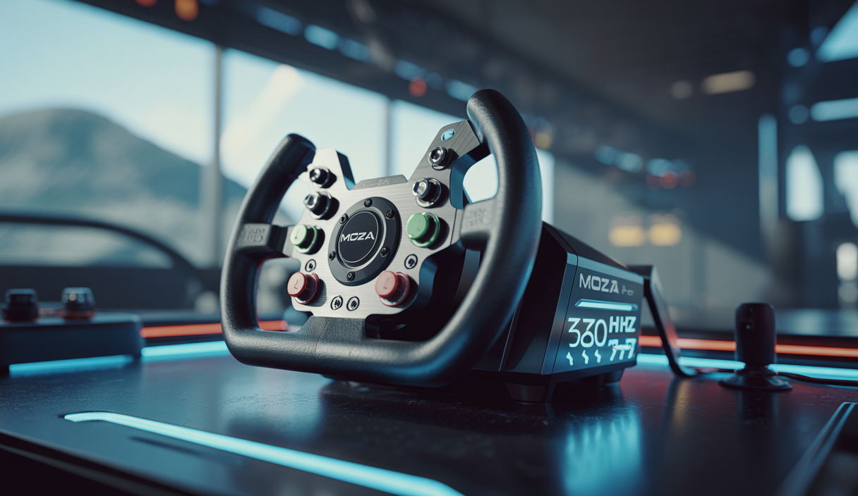 MOZA Racing direct drive racing wheel displaying force feedback system details on a dynamic racing simulation setup
