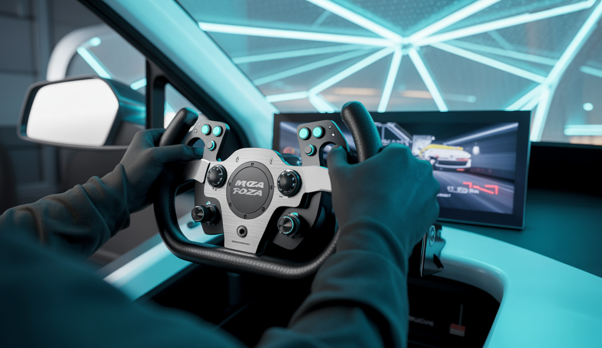 Volant de simulation MOZA Racing avec retour de force à 360Hz en fonctionnement, montrant une immersion et une précision extrêmes en simulation automobile